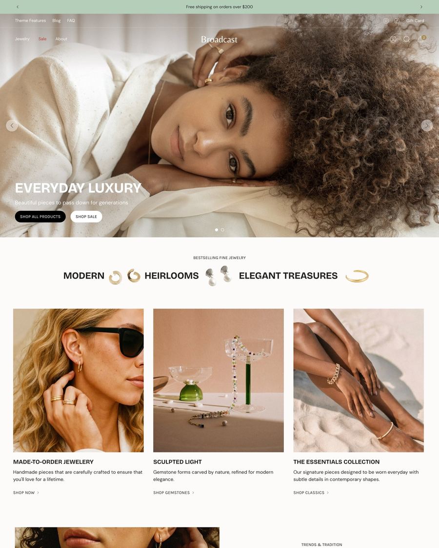 Editorial desktopvoorbeeld van het Broadcast Shopify theme