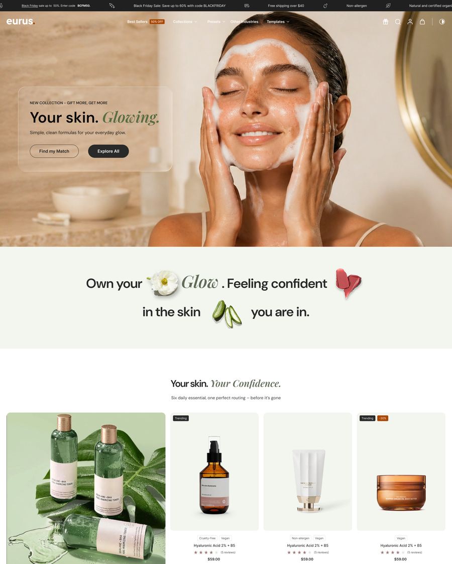 Voorbeeld van het Eurus Shopify theme voor beauty en lifestyle