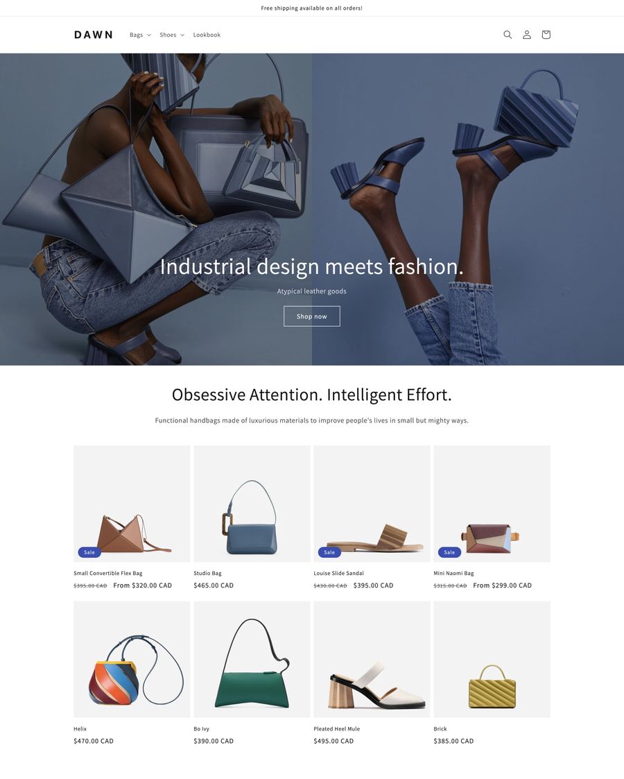Minimalistische productpresentatie in het gratis Dawn Shopify theme