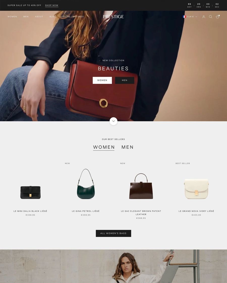 Luxe desktopvoorbeeld van het Prestige Shopify theme