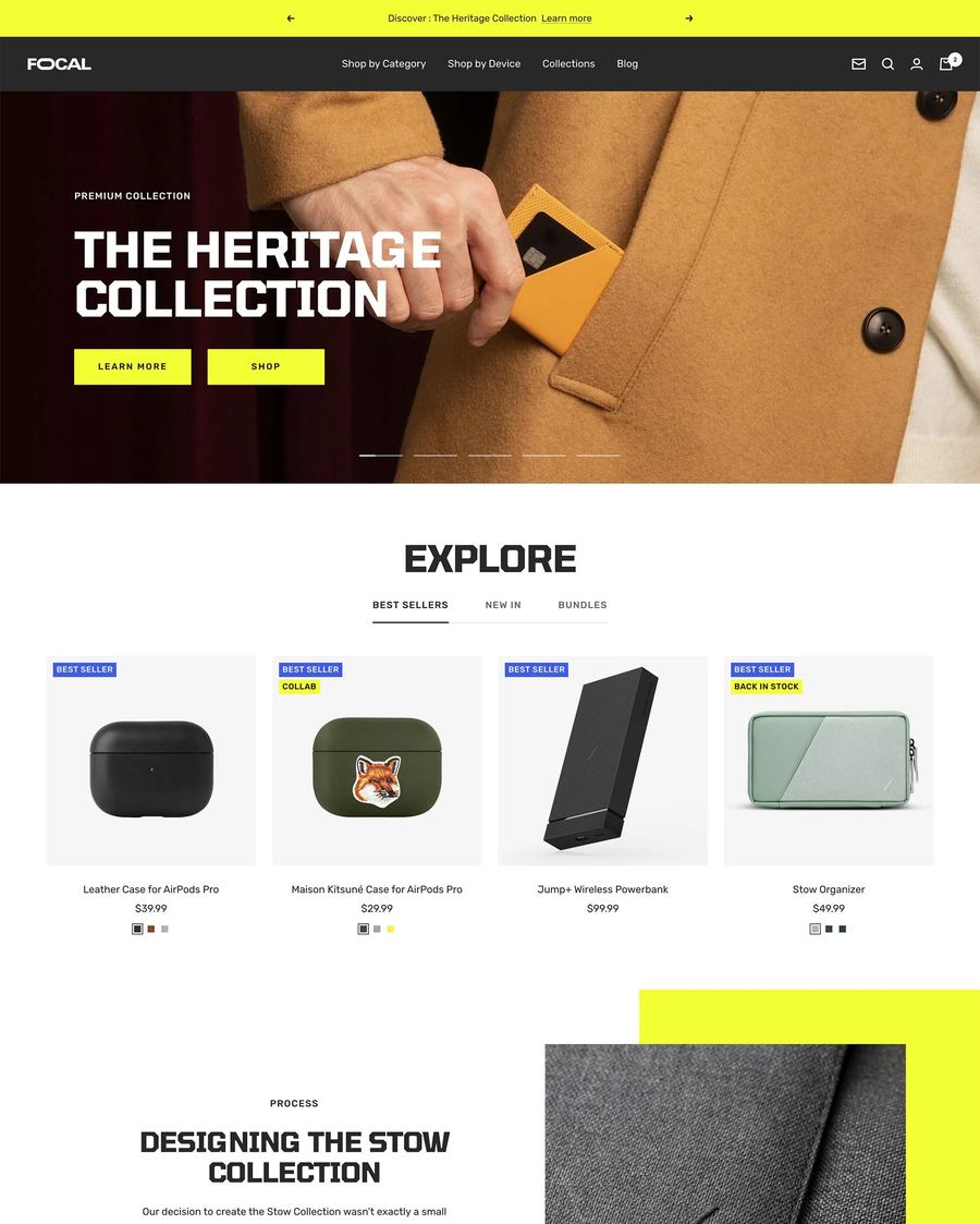 Techproduct en opvallende landingspagina in het Focal Shopify theme