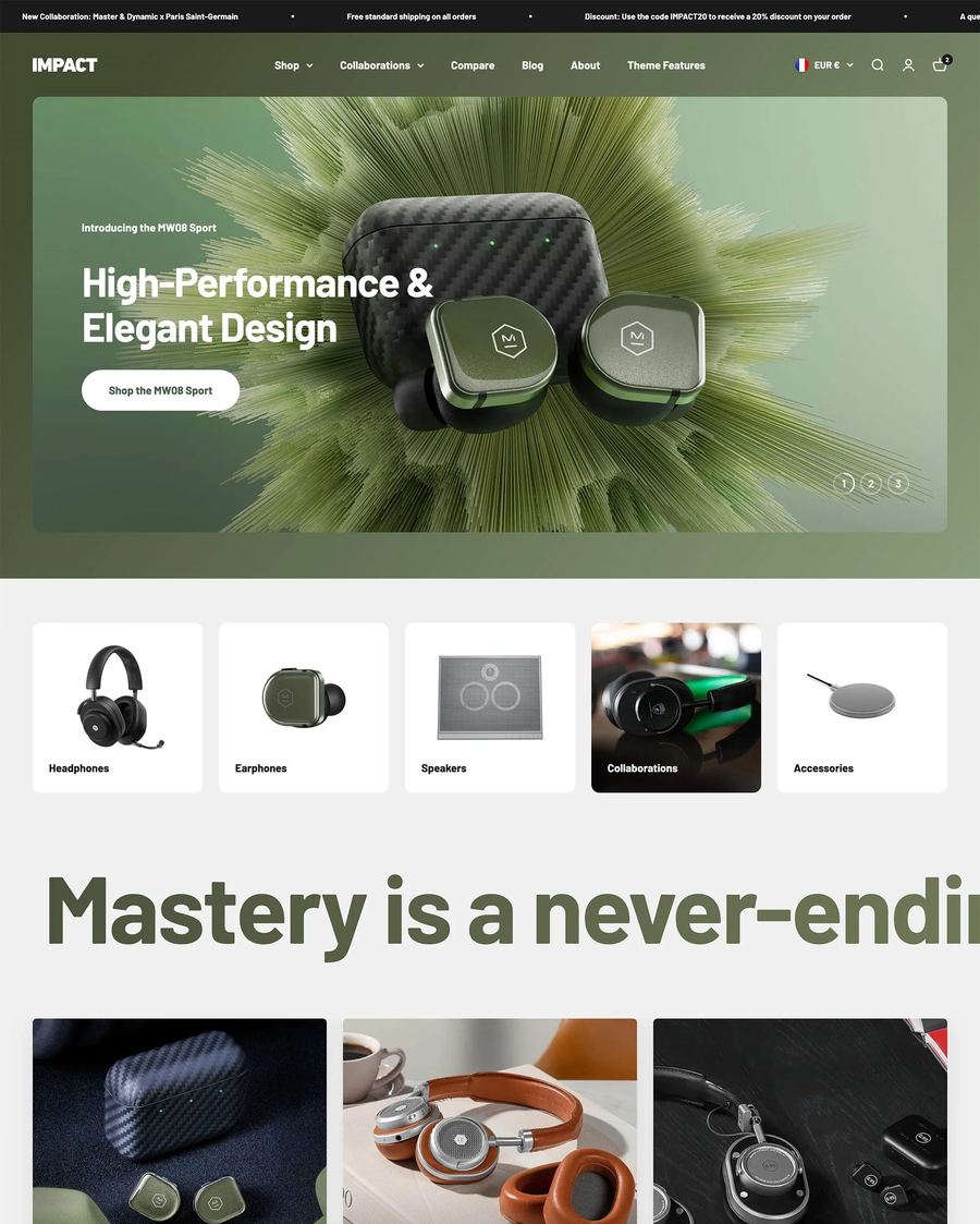 Kleurrijk desktopvoorbeeld van het Impact Shopify theme voor een techmerk