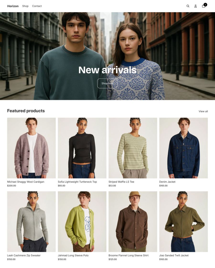 Modern gratis Horizon Shopify theme met grote productkaarten
